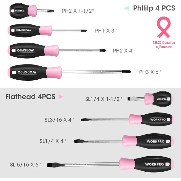 imageWORKPRO Magnetic Screwdrivers Set 8piece Pink Hand tools for Womens Includes Philips Flathead Slotted Stubby Screwdrivers with Organizer Rack  Pink Ribbon