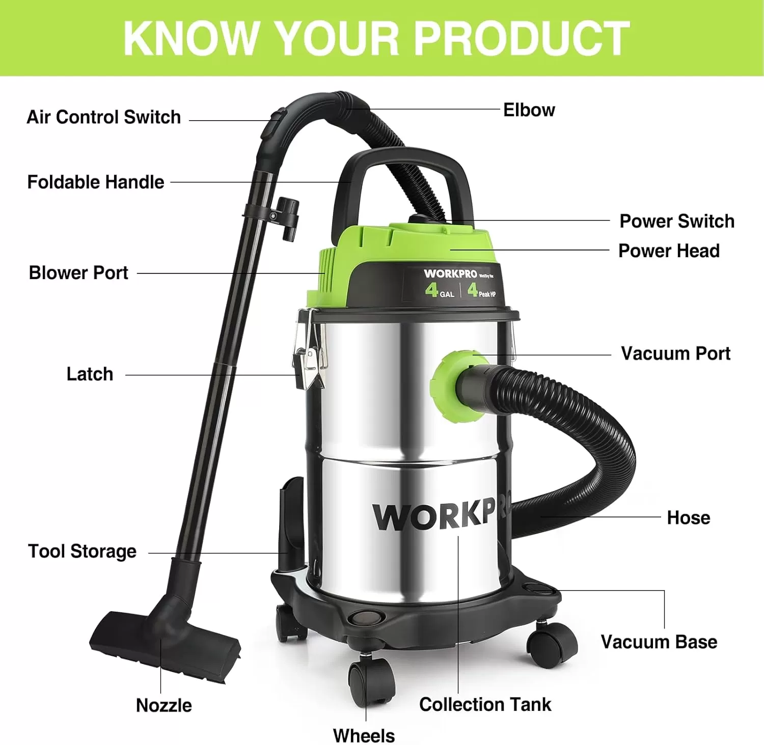 imageWORKPRO 4 Gallon WetDry Vacuum 4 Peak HP Shop Vac Cleaner with HEPA Filter Hose and Accessories for HomeJobsite