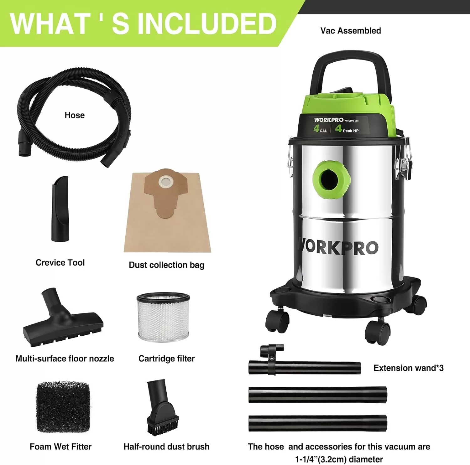imageWORKPRO 4 Gallon WetDry Vacuum 4 Peak HP Shop Vac Cleaner with HEPA Filter Hose and Accessories for HomeJobsite