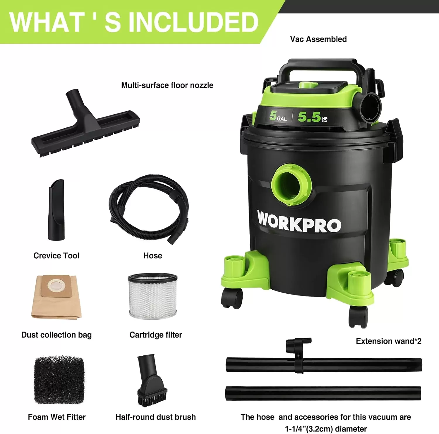 imageWORKPRO 5 Gallon WetDry Shop Vacuum 55 Peak HP Shop Vac Cleaner with HEPA Filter Hose and Accessories for HomeJobsite