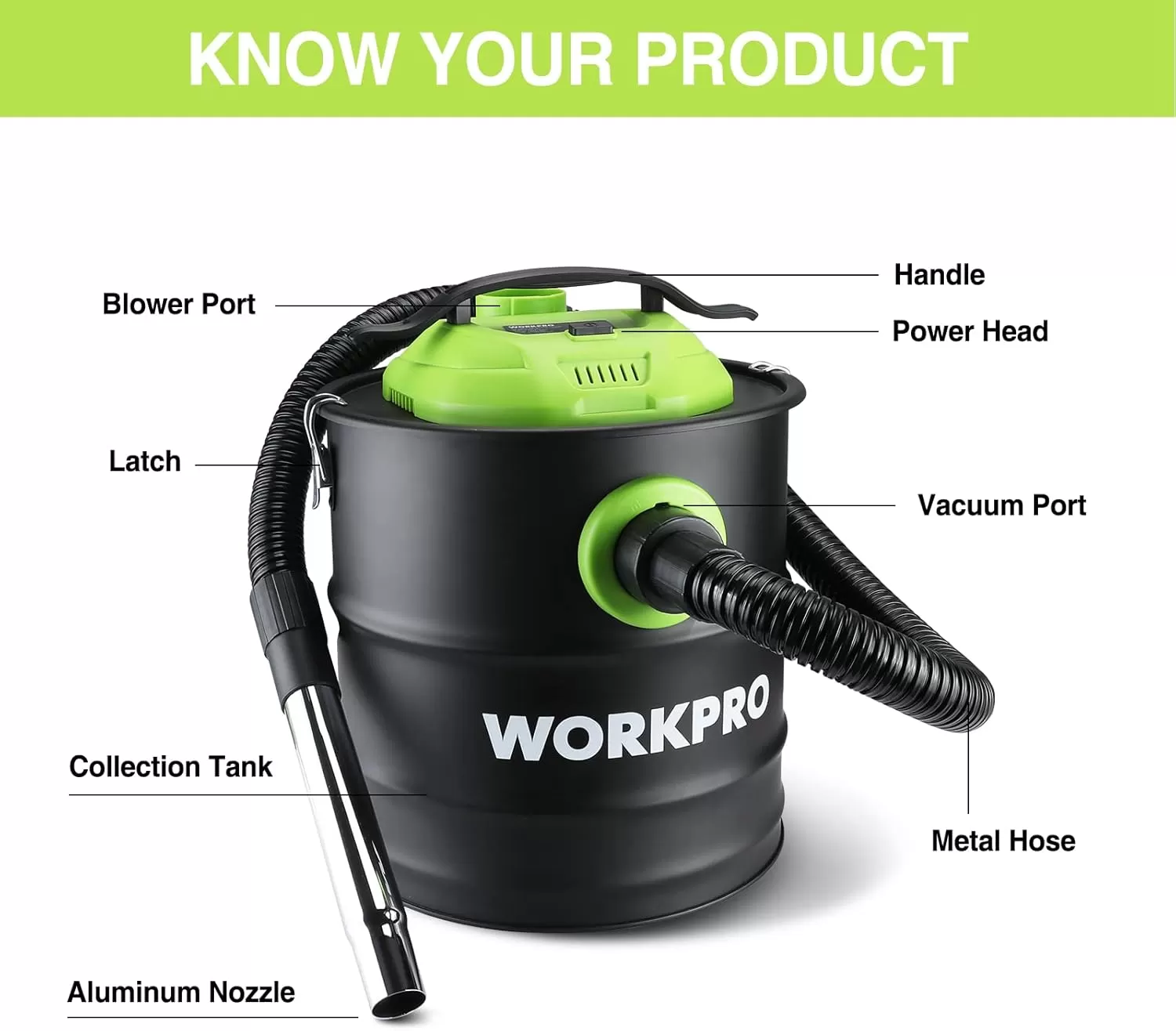 imageWORKPRO 52 Gallon Ash Vacuum 55 Peak Horsepower Ash Vac Cleaner with HEPA Filter Hose and Accessories for Fireplaces Wood Burning Stoves Bonfire Pits and Pellet Stoves