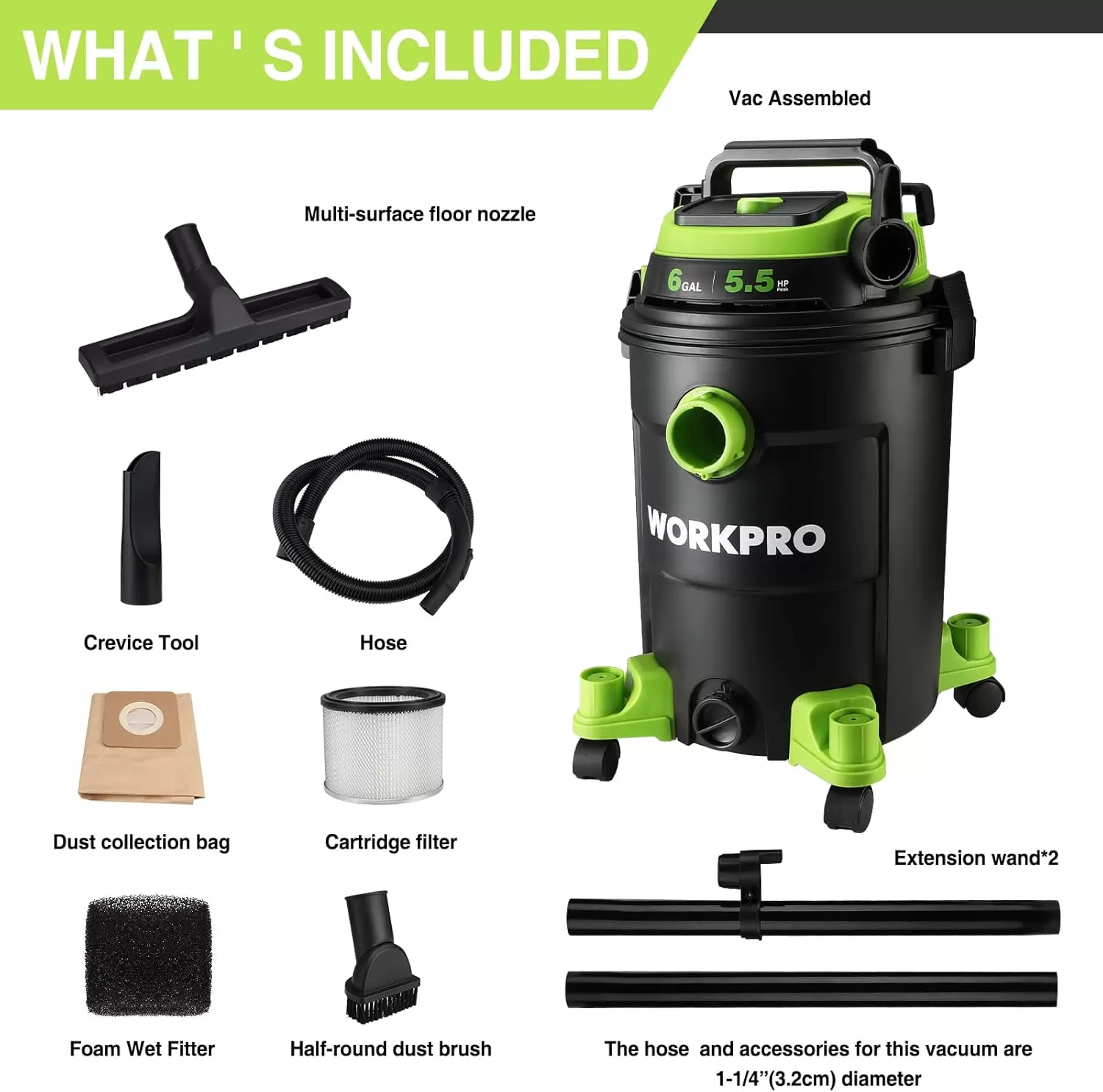 imageWORKPRO 6 Gallon WetDry Vacuum 55 Peak HP Shop Vac Cleaner with HEPA Filter Hose and Accessories for HomeJobsite