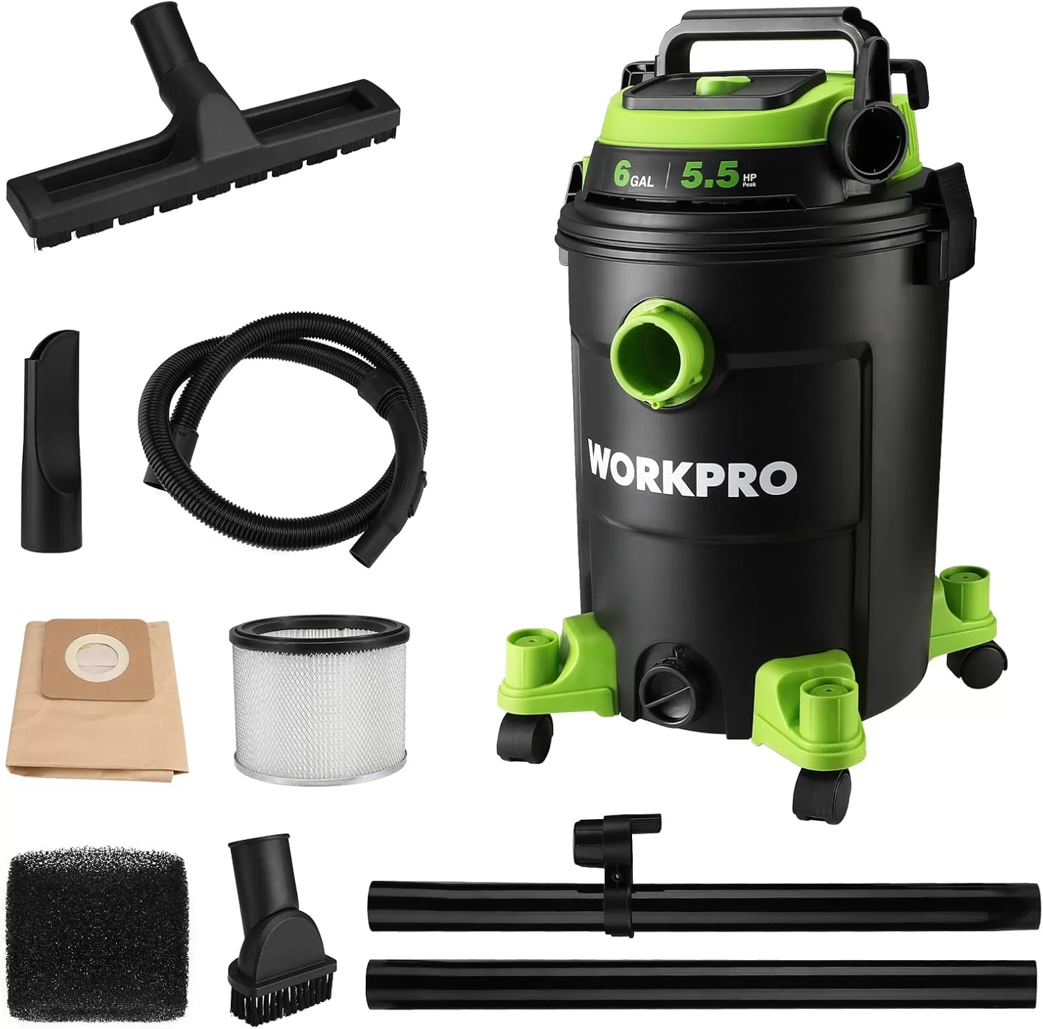 imageWORKPRO 6 Gallon WetDry Vacuum 55 Peak HP Shop Vac Cleaner with HEPA Filter Hose and Accessories for HomeJobsite