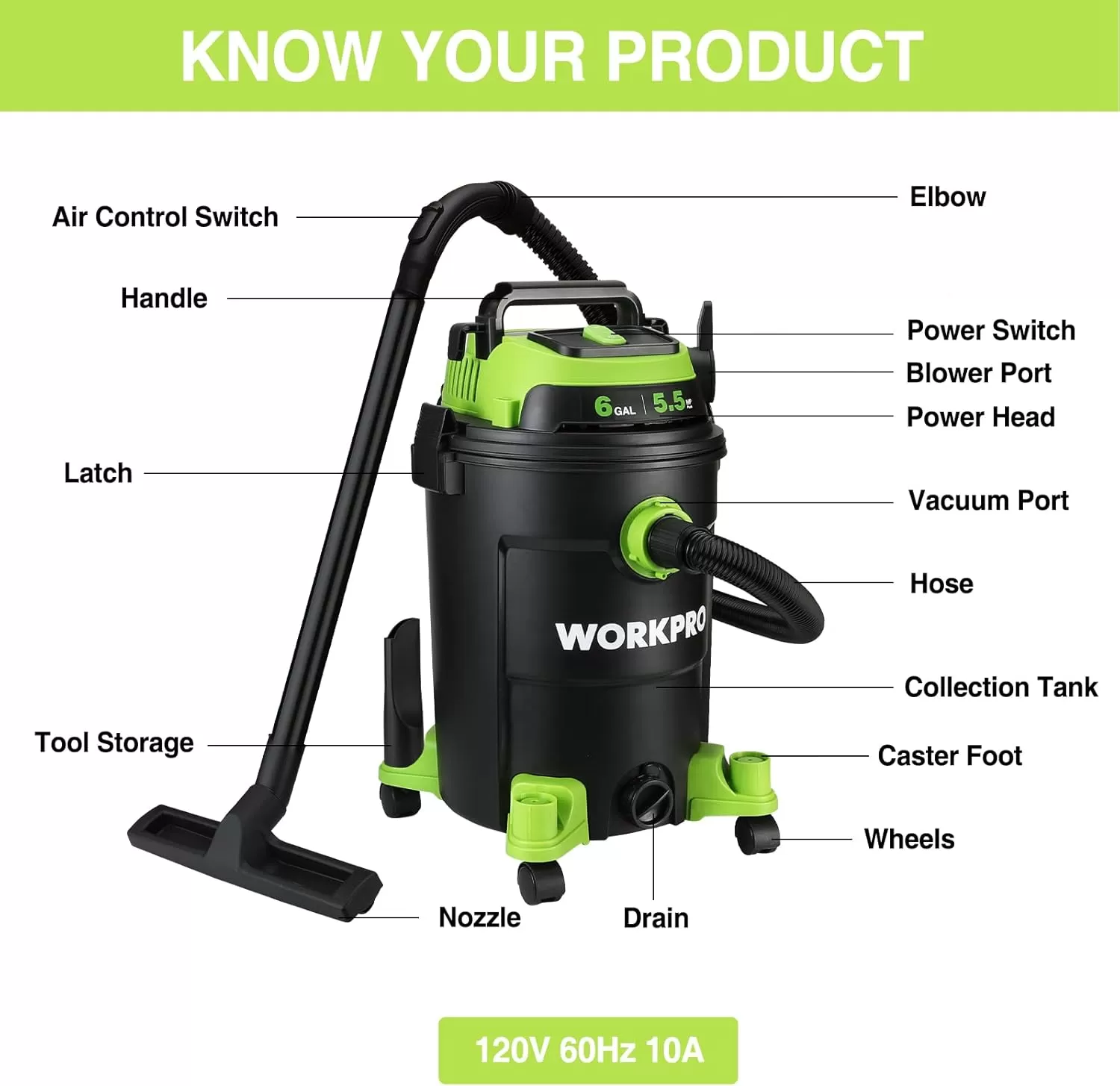 imageWORKPRO 6 Gallon WetDry Vacuum 55 Peak HP Shop Vac Cleaner with HEPA Filter Hose and Accessories for HomeJobsite