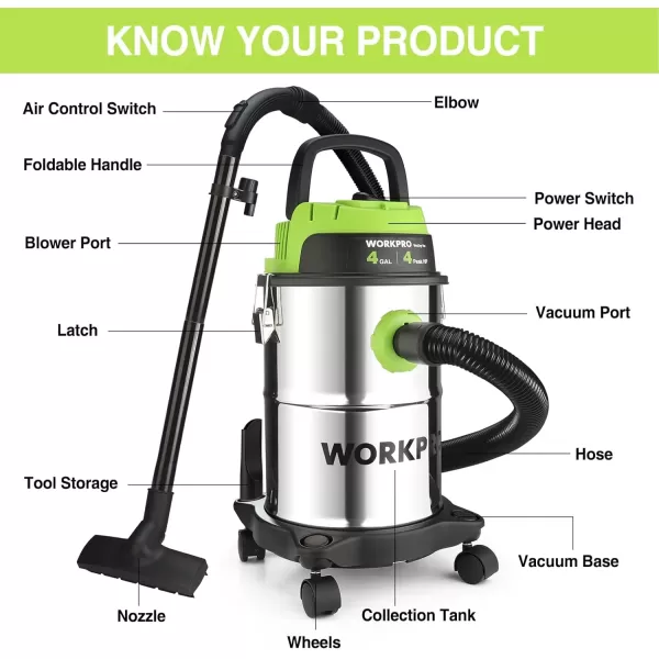 imageWORKPRO 4 Gallon WetDry Vacuum 4 Peak HP Shop Vac Cleaner with HEPA Filter Hose and Accessories for HomeJobsite