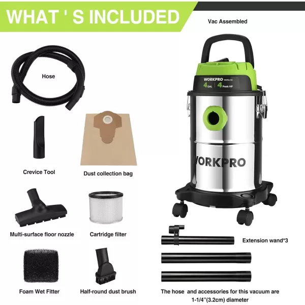 imageWORKPRO 4 Gallon WetDry Vacuum 4 Peak HP Shop Vac Cleaner with HEPA Filter Hose and Accessories for HomeJobsite