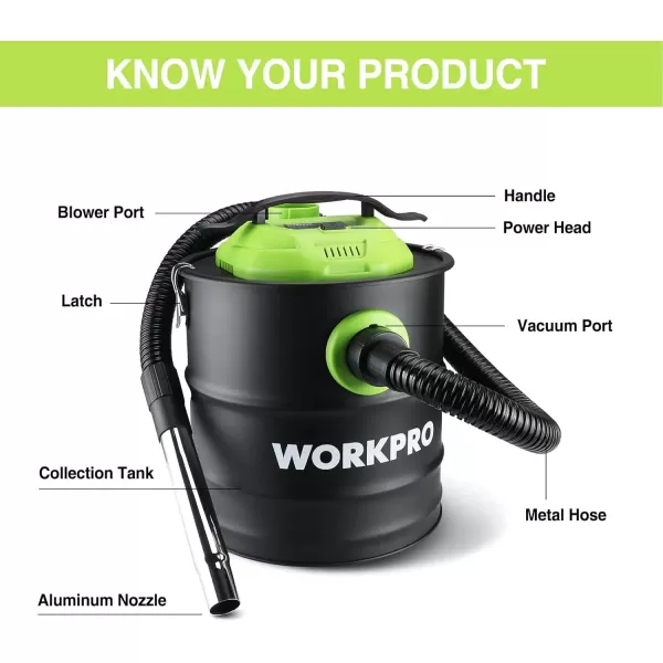 imageWORKPRO 52 Gallon Ash Vacuum 55 Peak Horsepower Ash Vac Cleaner with HEPA Filter Hose and Accessories for Fireplaces Wood Burning Stoves Bonfire Pits and Pellet Stoves