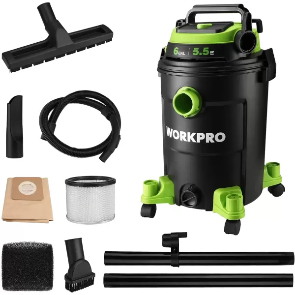 imageWORKPRO 6 Gallon WetDry Vacuum 55 Peak HP Shop Vac Cleaner with HEPA Filter Hose and Accessories for HomeJobsite