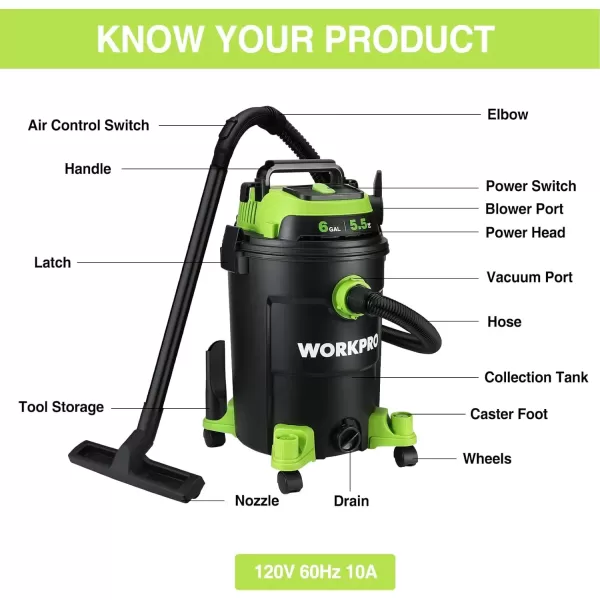 imageWORKPRO 6 Gallon WetDry Vacuum 55 Peak HP Shop Vac Cleaner with HEPA Filter Hose and Accessories for HomeJobsite