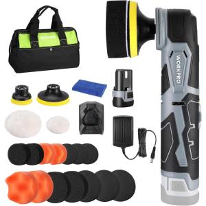 imageWORKPRO Cordless Mini Buffer Polisher 12V Buffer Polisher for Car Detailing 5 Variable Speed Up to 3000RPM Compact Cordless Polisher Kit for Waxing DIY Projects Furniture Polishing