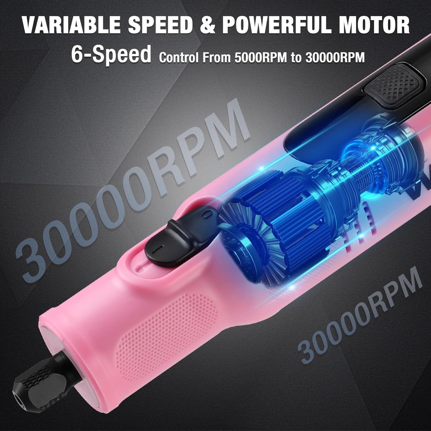 imageWORKPRO Cordless Rotary Tool 8V Rotary Tool Kit with 117 Accessories 6 Variable Speed TypeC Charging LED Work Light Power Rotary Tool for Sanding Polishing Engraving Cutting DIY Pink RibbonPink