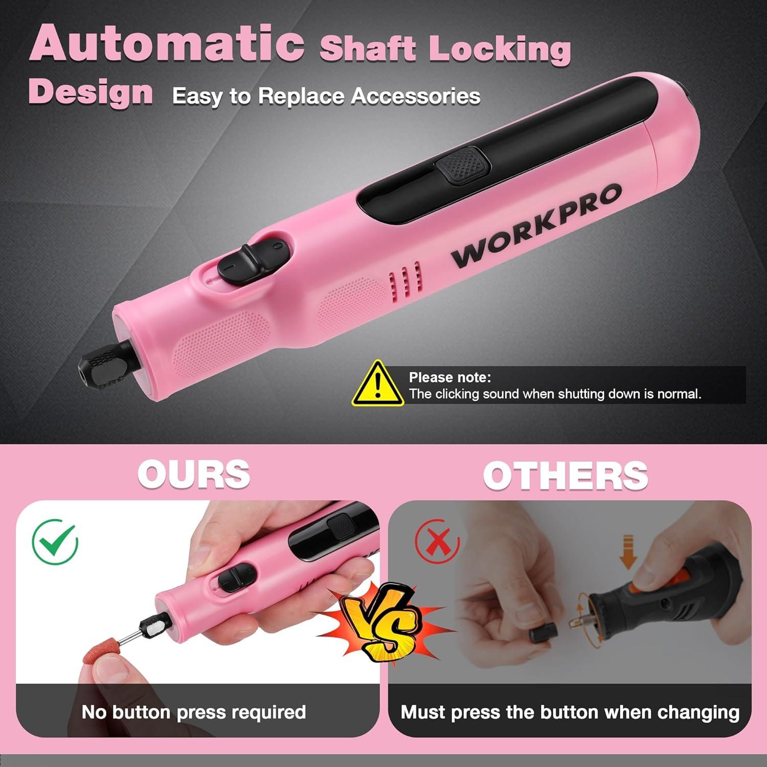 imageWORKPRO Cordless Rotary Tool 8V Rotary Tool Kit with 117 Accessories 6 Variable Speed TypeC Charging LED Work Light Power Rotary Tool for Sanding Polishing Engraving Cutting DIY Pink RibbonPink