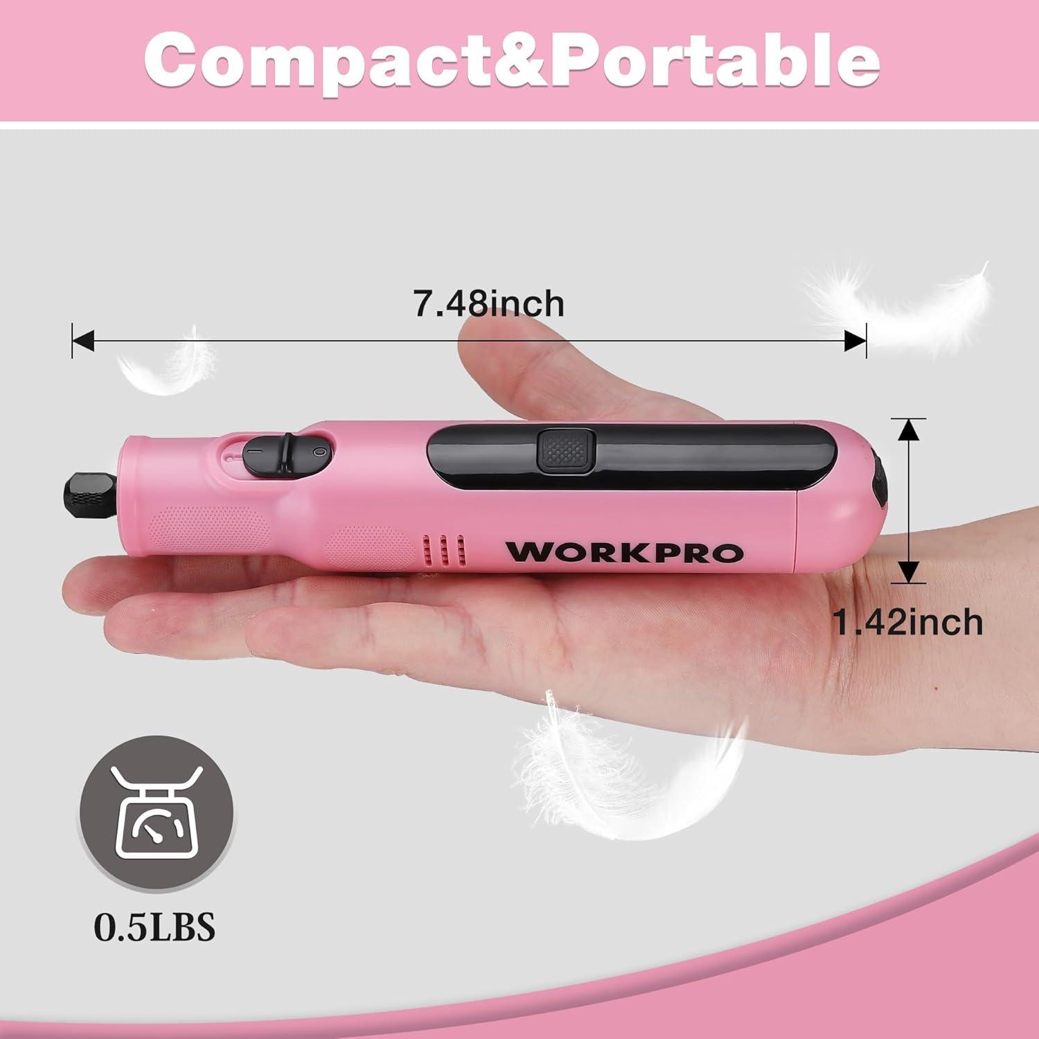 imageWORKPRO Cordless Rotary Tool 8V Rotary Tool Kit with 117 Accessories 6 Variable Speed TypeC Charging LED Work Light Power Rotary Tool for Sanding Polishing Engraving Cutting DIY Pink RibbonPink