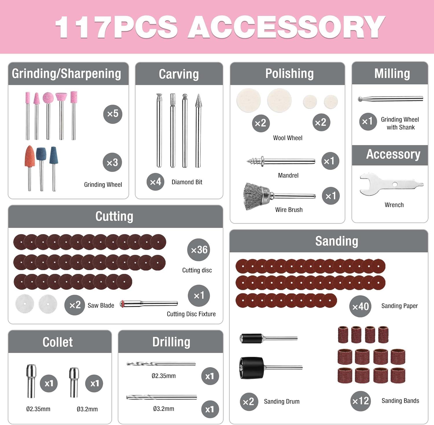 imageWORKPRO Cordless Rotary Tool 8V Rotary Tool Kit with 117 Accessories 6 Variable Speed TypeC Charging LED Work Light Power Rotary Tool for Sanding Polishing Engraving Cutting DIY Pink RibbonPink