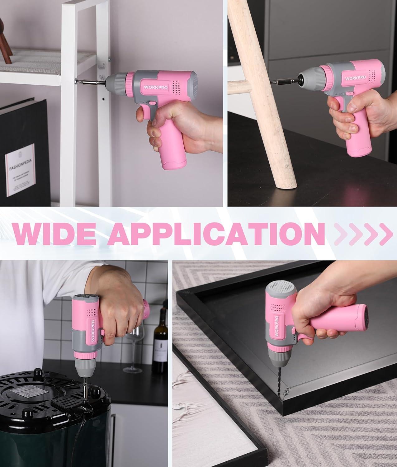 imageWORKPRO Pink Cordless 8V Drill Driver Set 2Ah Electric Power Drill with 38 Keyless Chuck 15pcs Bits ampamp 1 TypeC Charging Cord for Drilling and Screwing  Pink RibbonPink