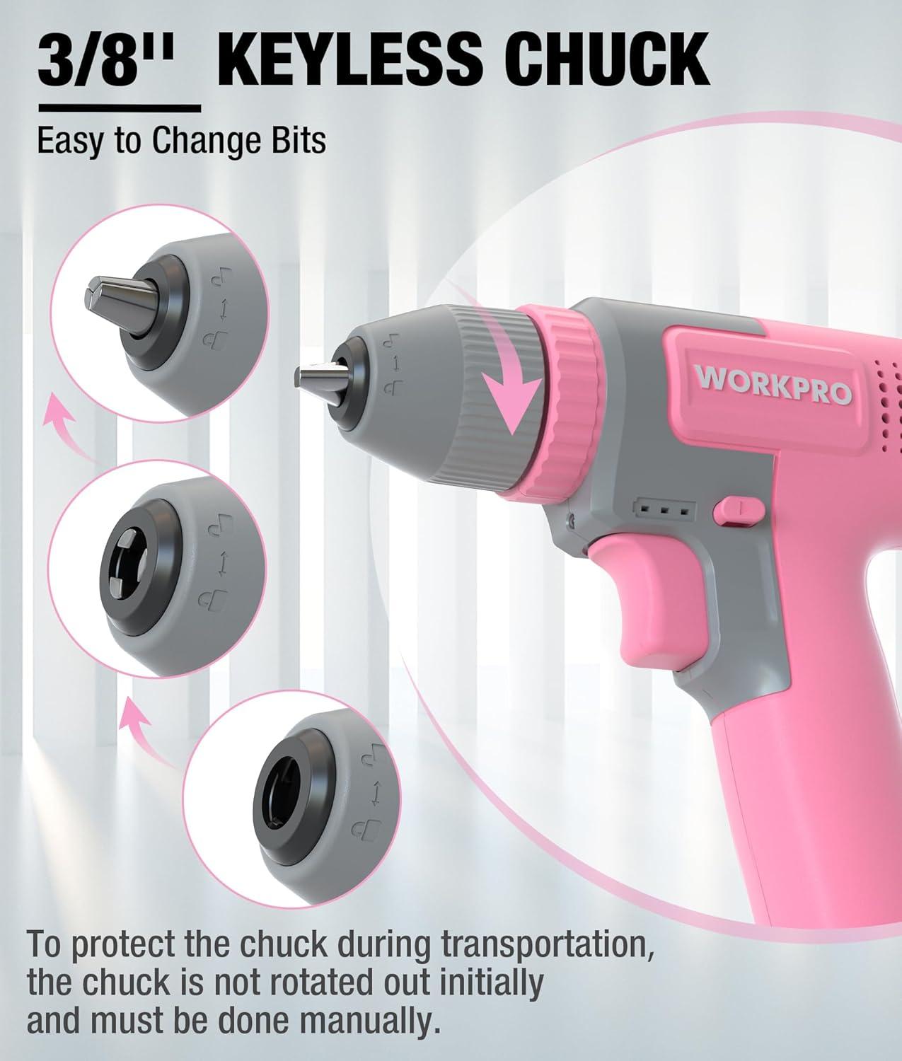 imageWORKPRO Pink Cordless 8V Drill Driver Set 2Ah Electric Power Drill with 38 Keyless Chuck 15pcs Bits ampamp 1 TypeC Charging Cord for Drilling and Screwing  Pink RibbonPink