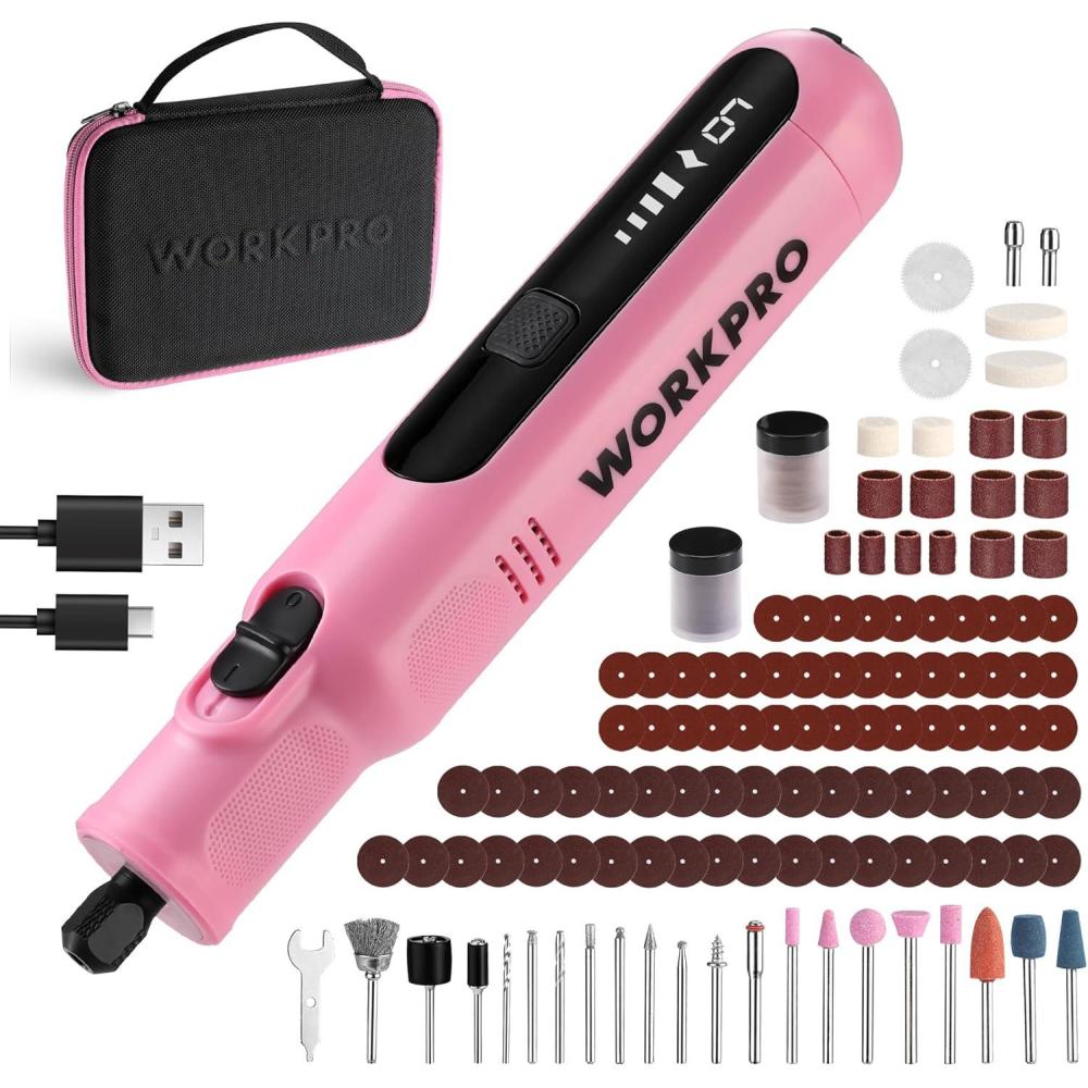 imageWORKPRO Cordless Rotary Tool 8V Rotary Tool Kit with 117 Accessories 6 Variable Speed TypeC Charging LED Work Light Power Rotary Tool for Sanding Polishing Engraving Cutting DIY Pink RibbonPink