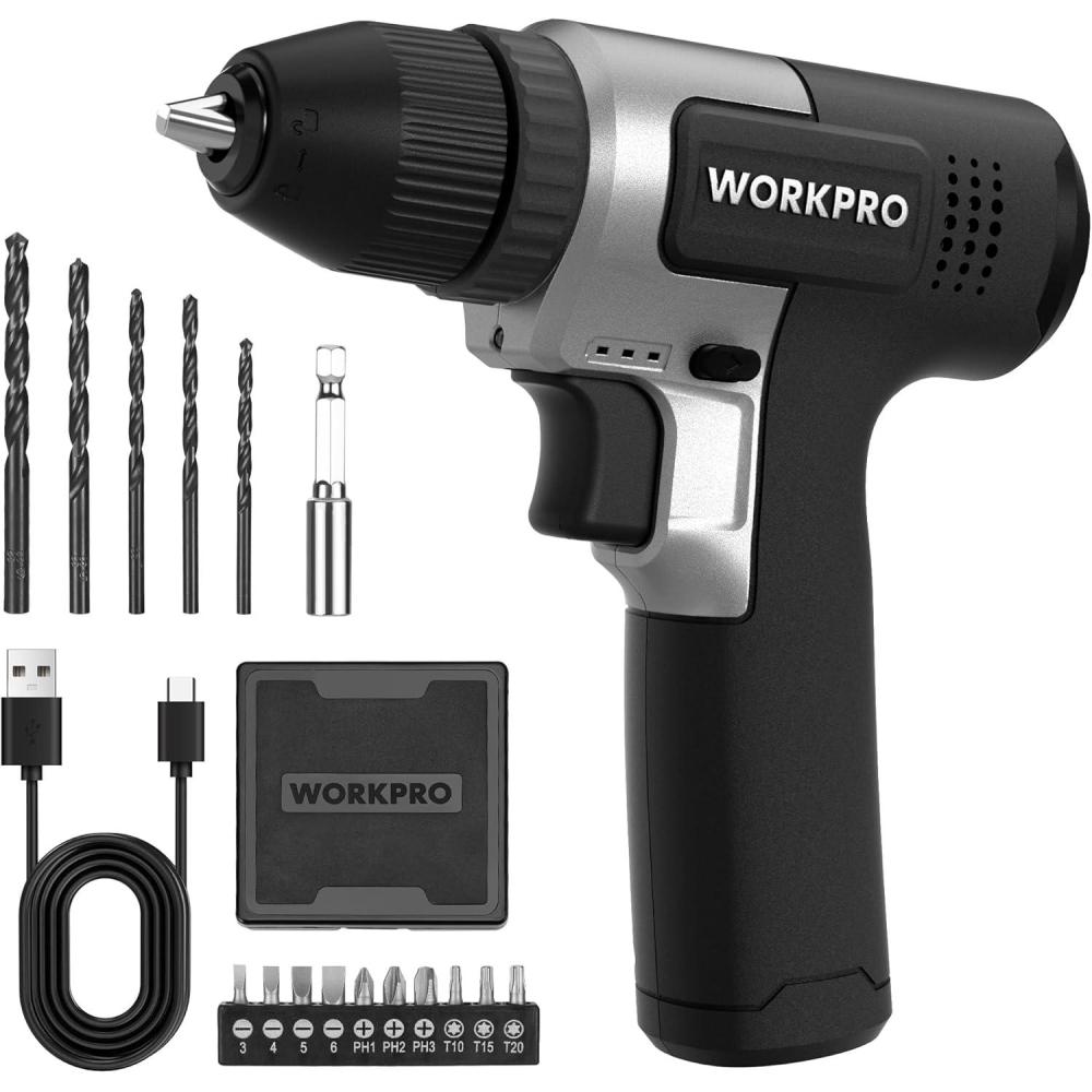 imageWORKPRO Pink Cordless 8V Drill Driver Set 2Ah Electric Power Drill with 38 Keyless Chuck 15pcs Bits ampamp 1 TypeC Charging Cord for Drilling and Screwing  Pink RibbonBlack