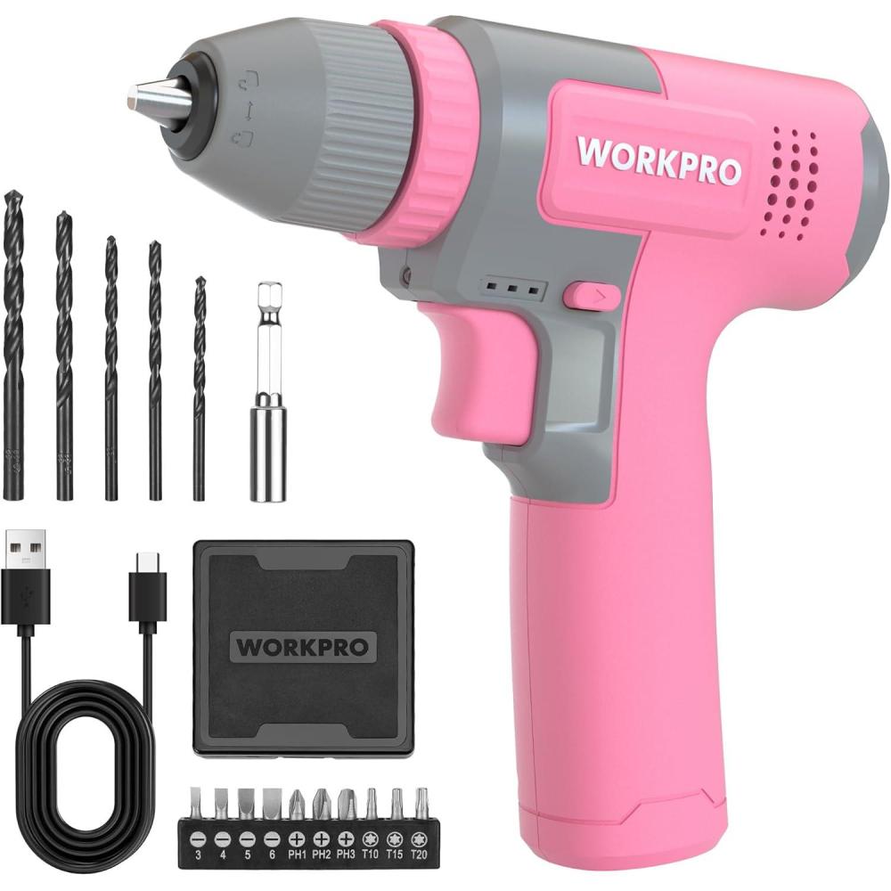 imageWORKPRO Pink Cordless 8V Drill Driver Set 2Ah Electric Power Drill with 38 Keyless Chuck 15pcs Bits ampamp 1 TypeC Charging Cord for Drilling and Screwing  Pink RibbonPink