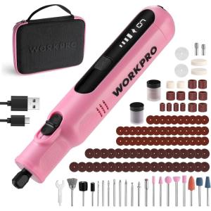 imageWORKPRO Cordless Rotary Tool 8V Rotary Tool Kit with 117 Accessories 6 Variable Speed TypeC Charging LED Work Light Power Rotary Tool for Sanding Polishing Engraving Cutting DIY Pink RibbonPink
