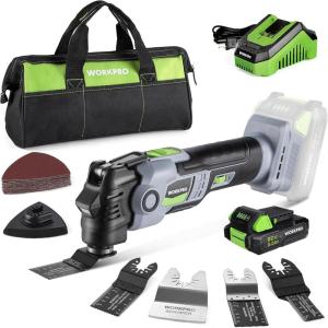 imageWORKPRO 20V Oscillating Tool Kit Cordless and Brushless 19000 RPM Orbiting Multi Tool with 6 Variable Speeds 36Oscillation Angle 21pcs Saw Accessories 1 Rechargeable Battery and Carrying BagCordless
