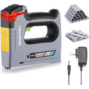 imageWORKPRO 5 in 1 Cordless Staple Gun 36V Rechargeable Electric Stapler with 2000 Staples and Nails Upholstery Staple Gun for Wood Furniture Office and DIY Projects