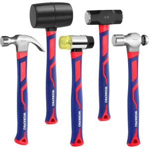 imageWORKPRO 5Piece forgePolish Steel Head Fiberglass Handle Set  32oz Rubber Mallet  16oz Claw ampamp BallPeen Hammers  3lb Sledge  22oz DoubleFaced Mallet