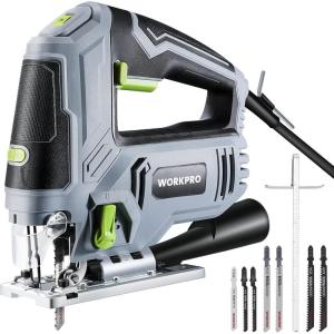 imageWORKPRO Jigsaw 65AMP 850W Corded Electric Jig Saw Tool Kit with 6 Variable Speeds 7 Blades 45 Bevel Cutting LED Light 3000 SPM 4 Orbital Settings Edge Guide Toolfree Blade Changing