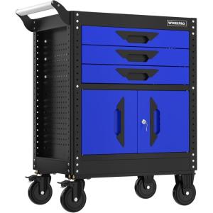 imageWORKPRO 275 Inch 3Drawer Rolling Tool Chest with Wheels Portable Steel Tool Cabinets with Drawers Liners and Locking System for Warehouse Garage Black and Blue