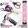 imageWORKPRO Pink Real Tool Set for Kids with 12 Inch Mini Steel Tool Box with Wheels 10PCS Kids Real Tools with 2 Drawers Desk Metal Rolling Tool Chest Childrens Tool Kit for Home DIY Pink RibbonPink