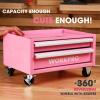 imageWORKPRO Pink Real Tool Set for Kids with 12 Inch Mini Steel Tool Box with Wheels 10PCS Kids Real Tools with 2 Drawers Desk Metal Rolling Tool Chest Childrens Tool Kit for Home DIY Pink RibbonPink