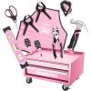 imageWORKPRO Pink Real Tool Set for Kids with 12 Inch Mini Steel Tool Box with Wheels 10PCS Kids Real Tools with 2 Drawers Desk Metal Rolling Tool Chest Childrens Tool Kit for Home DIY Pink RibbonPink