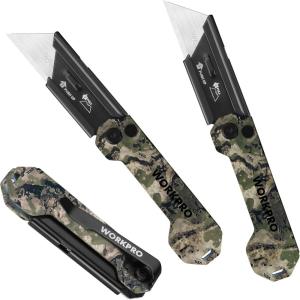 imageWORKPRO 3Pack Folding Utility Knife Quick Change Blades Box Cutter EDC Foldable Pocket Utility Knife Sets with Belt ClipCamostainless Steel