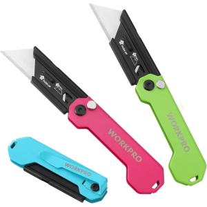 imageWORKPRO 3Pack Folding Utility Knife Quick Change Blades Box Cutter EDC Foldable Pocket Utility Knife Sets with Belt ClipMulticolorstainless Steel