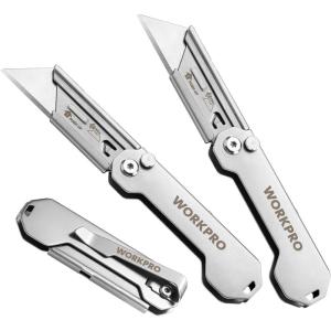 imageWORKPRO 3Pack Folding Utility Knife Quick Change Blades Box Cutter EDC Foldable Pocket Utility Knife Sets with Belt ClipSilverstainless Steel