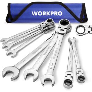 imageWORKPRO 8piece FlexHead Ratcheting Combination Wrench Set Metric 917 mm 72Teeth CrV Constructed Nickel Plating with Organization BagMetric