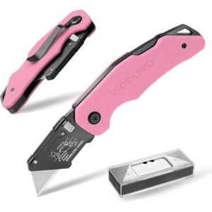 imageWORKPRO Folding Utility Knife with Stainless Steel Head Quickchange Blade ampamp Back Lock Wood Handle Heavy Duty Box Cutter 1PC Razor Knife with Extra 10PC SK5 BladesPink G10