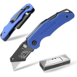 imageWORKPRO Folding Utility Knife with Stainless Steel Head Quickchange Blade ampamp Back Lock Wood Handle Heavy Duty Box Cutter 1PC Razor Knife with Extra 10PC SK5 BladesBlue G10