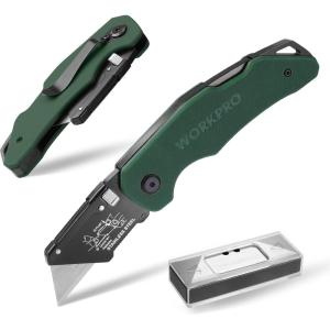 imageWORKPRO Folding Utility Knife with Stainless Steel Head Quickchange Blade ampamp Back Lock Wood Handle Heavy Duty Box Cutter 1PC Razor Knife with Extra 10PC SK5 BladesGreen G10