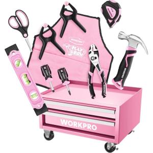 imageWORKPRO Pink Real Tool Set for Kids with 12 Inch Mini Steel Tool Box with Wheels 10PCS Kids Real Tools with 2 Drawers Desk Metal Rolling Tool Chest Childrens Tool Kit for Home DIY Pink RibbonPink