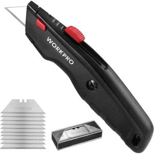 imageWORKPRO Premium Utility Knife Retractable All Metal Heavy Duty Box Cutter Quick Change Blade Razor Knife with 10 Extra BladesBlack