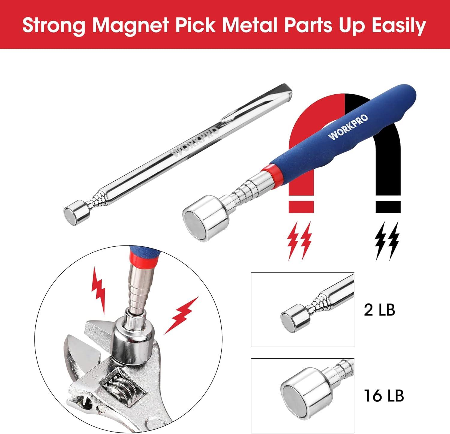 WORKPRO 4-Piece Telescopic Magnet Pick Up Tool Set – Includes Inspection Mirror, Claw Grabber, 14.1 Oz, Blue