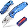 imageWORKPRO Folding Utility Knife Heavy Duty Metal Quick Open Axis Lock Box Cutter Quick Change Blade Razor Knife 1PC with 10 Extra SK5 BladesAxis Lock Bright Blue