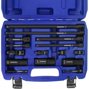 imageWORKPRO 15Piece Drive Tool Accessory Set Includes Socket Adapter Extension Set Socket Extension Bar Swivel Universal Joints and Spark Plug Socket Set 14quot ampamp 38quot Drive