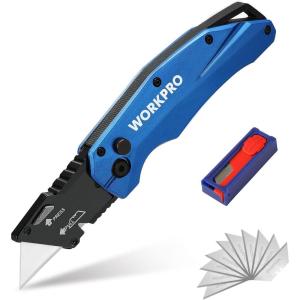 imageWORKPRO Folding Utility Knife Heavy Duty Metal Quick Open Axis Lock Box Cutter Quick Change Blade Razor Knife 1PC with 10 Extra SK5 BladesButton Lock Blue