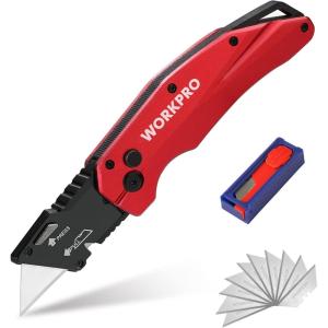 imageWORKPRO Folding Utility Knife Heavy Duty Metal Quick Open Axis Lock Box Cutter Quick Change Blade Razor Knife 1PC with 10 Extra SK5 BladesButton Lock Red