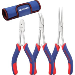 imageWORKPRO Mini Long Reach Pliers Set  3Piece Kit Includes 7quot Needle Nose 6quot Bent Nose 512quot Diagonal Plier for Hard to Reach Spaces