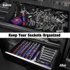 imageWORKPRO Magnetic Socket Organizer Set 3Piece Aluminum Alloy Socket Rail Heavy Duty Socket Holder Socket Rack Kit 14Inch x 12 Clips 38Inch x 10 Clips 12Inch x 10 Clips BlueRed