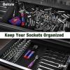 imageWORKPRO Magnetic Socket Organizer Set 3Piece Aluminum Alloy Socket Rail Heavy Duty Socket Holder Socket Rack Kit 14Inch x 12 Clips 38Inch x 10 Clips 12Inch x 10 Clips BlueGreen