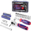 imageWORKPRO 42 PCS 14quot Dr Master Socket Set Metric with Dual Head Stubby Ratchet QucikRelease Bit Holder 14quot Dr Bits Set for Auto Repairing and Household with Storage Case34 PCS